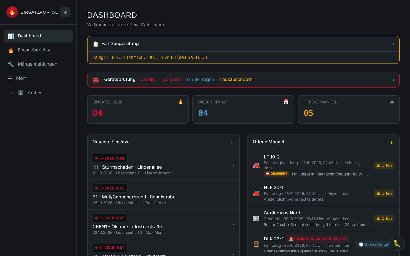 Das Dashboard von Wehrkompass am PC Das Dashboard von Wehrkompass am PC
