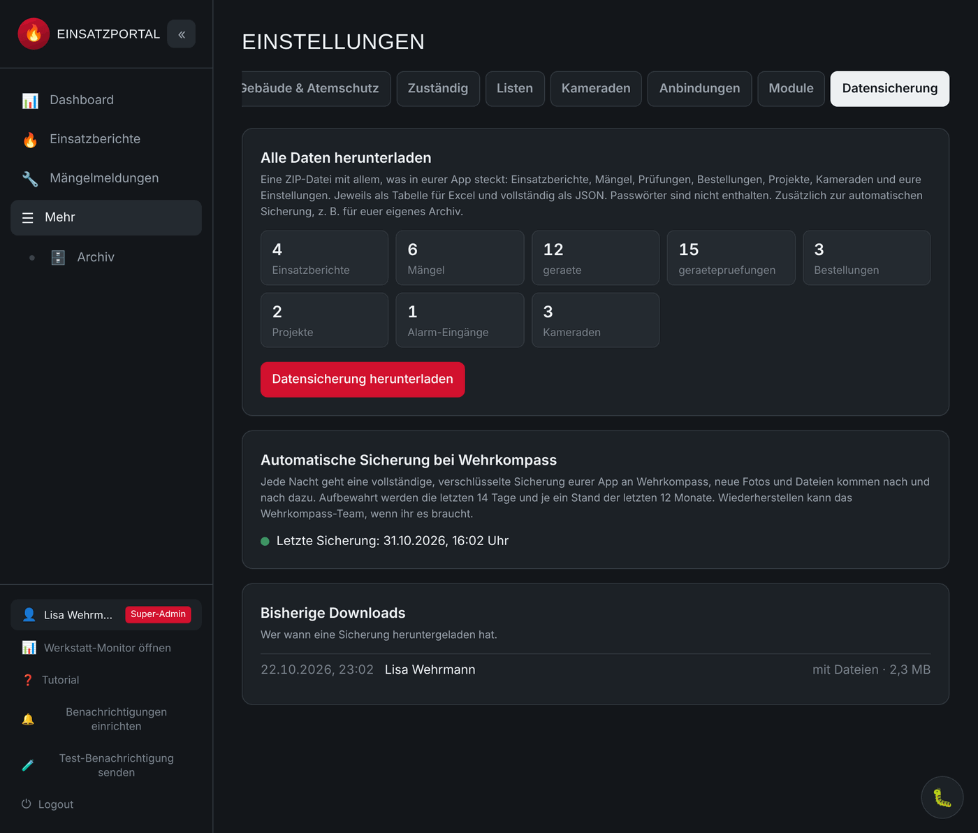 Einstellungen, Reiter Datensicherung Einstellungen, Reiter Datensicherung